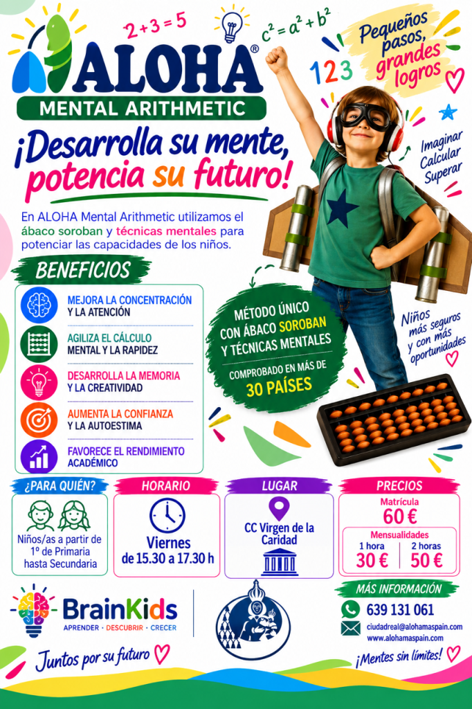 Cartel de ALOHA Mental Arithmetic en el Colegio Virgen de la Caridad: viernes de 15:30 a 17:30 h, desde 1.º de Primaria